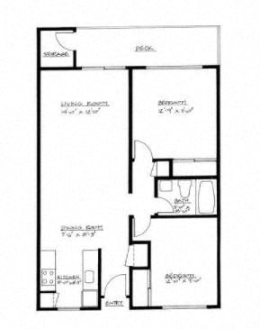 Floor plan for 2 beds, 1 bath, 755 sqft